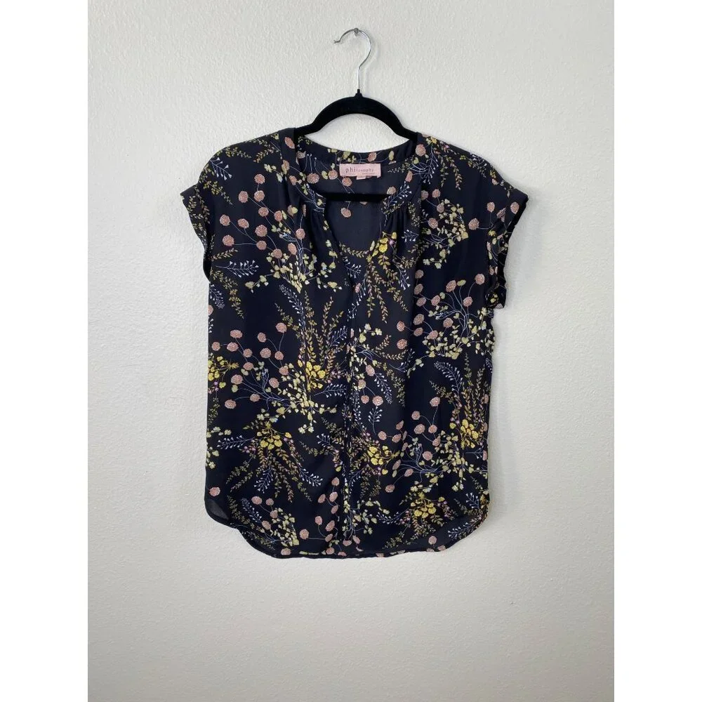 Philosophy Republic Womens Floral Print Blouse S Lightweight Short Sleeve Black - Picture 1 of 7